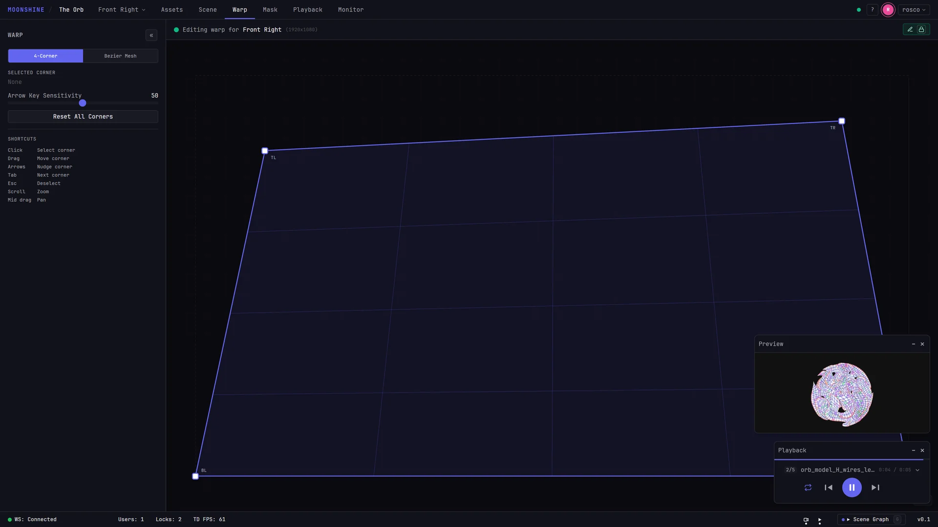The Warp tab in 4-Corner mode with one corner selected, showing the header bar, the corner handles and the sidebar