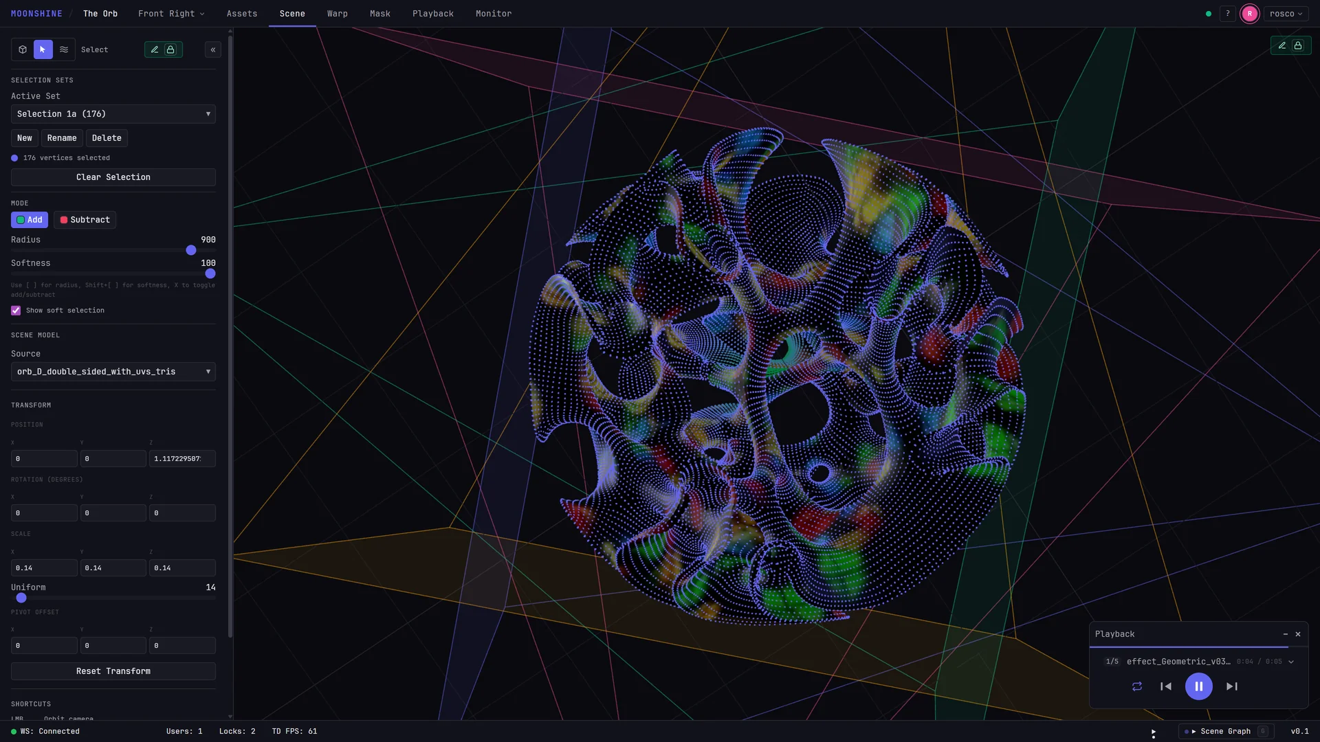 Warp mode with the three-axis gizmo on a selection center and the surrounding surface deformed by its soft falloff