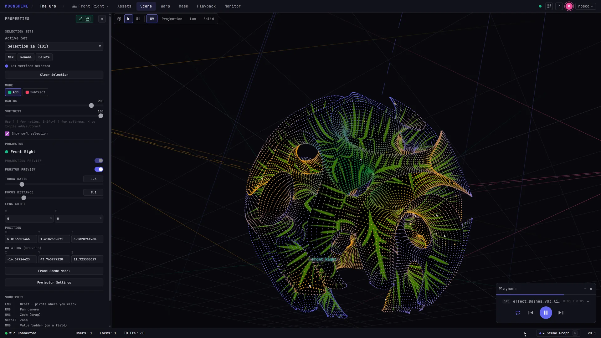 Select mode showing a dense active vertex set and its soft-selection influence across the live projected surface