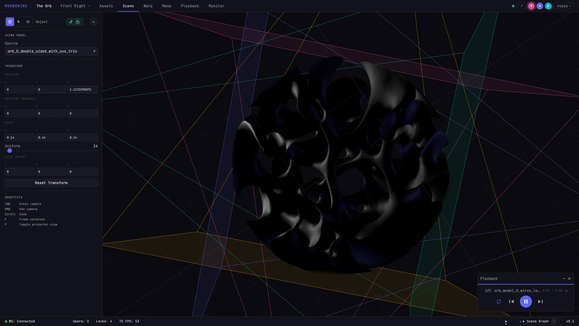 Scene tab in Warp mode: a local selection being dragged on one part of the surface while a remote collaborator's colored dots sit on another part of the same surface