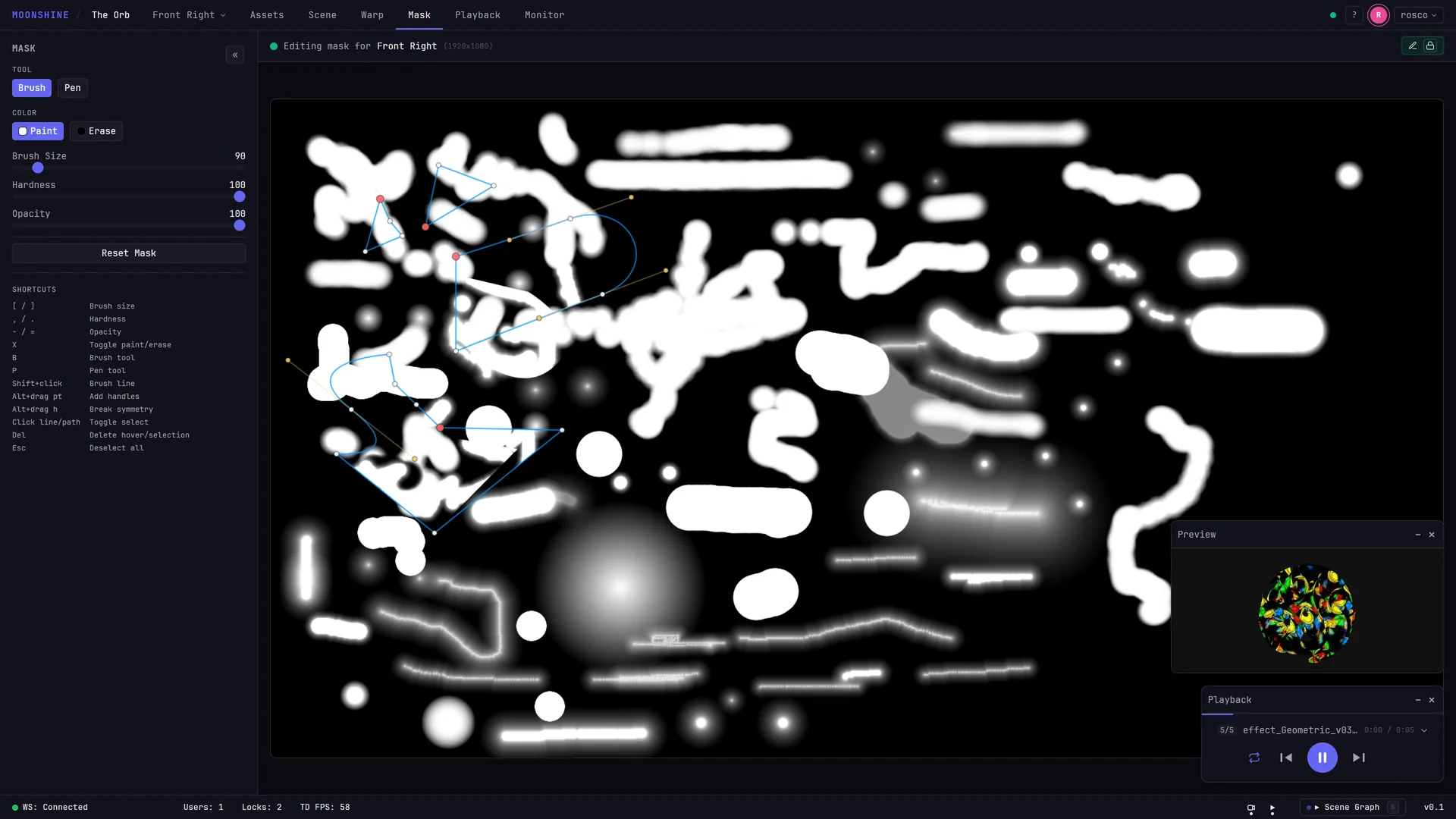 The Mask tab with the "Editing mask for" bar at the top, a partly painted mask on the black paint area, and the Properties sidebar showing Tool, Color, Brush Size, Hardness and Opacity