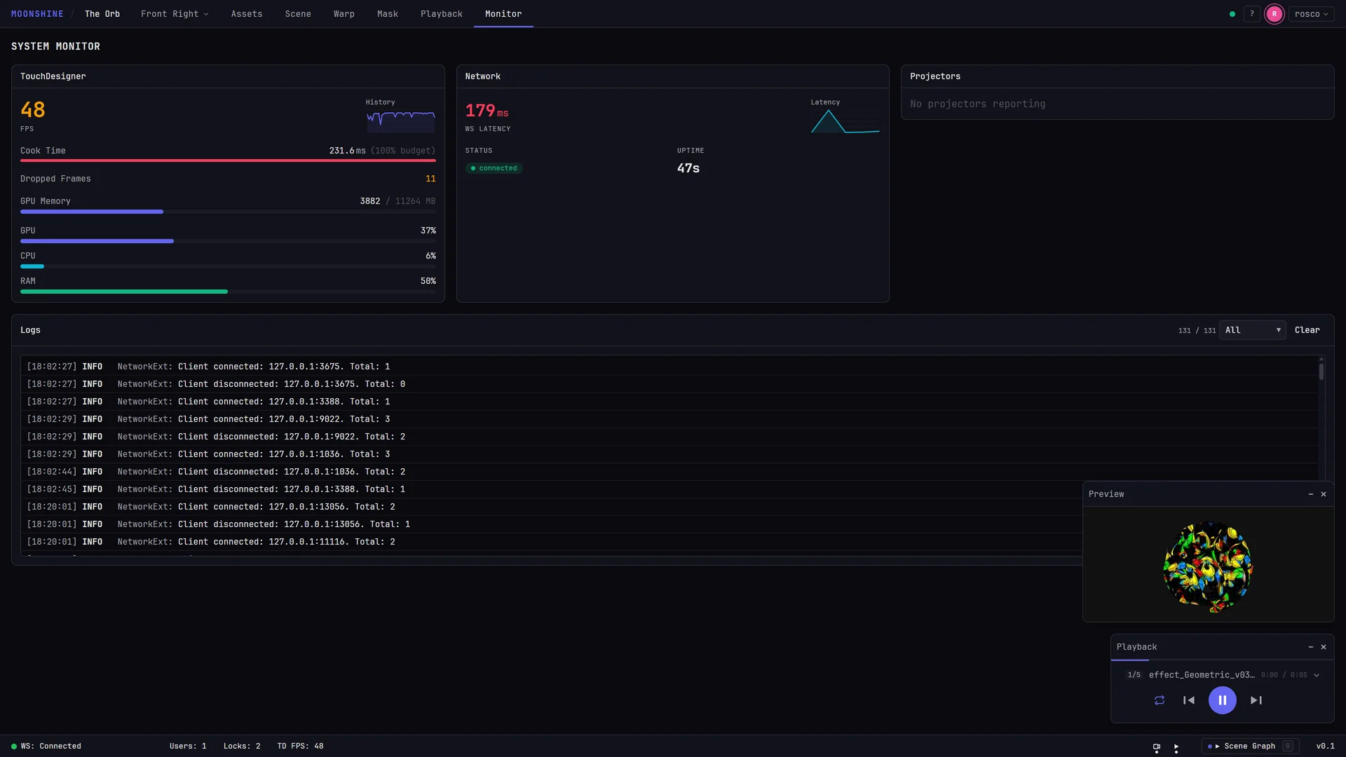 The Monitor tab with all four panels populated: performance, Network, Projectors, Logs