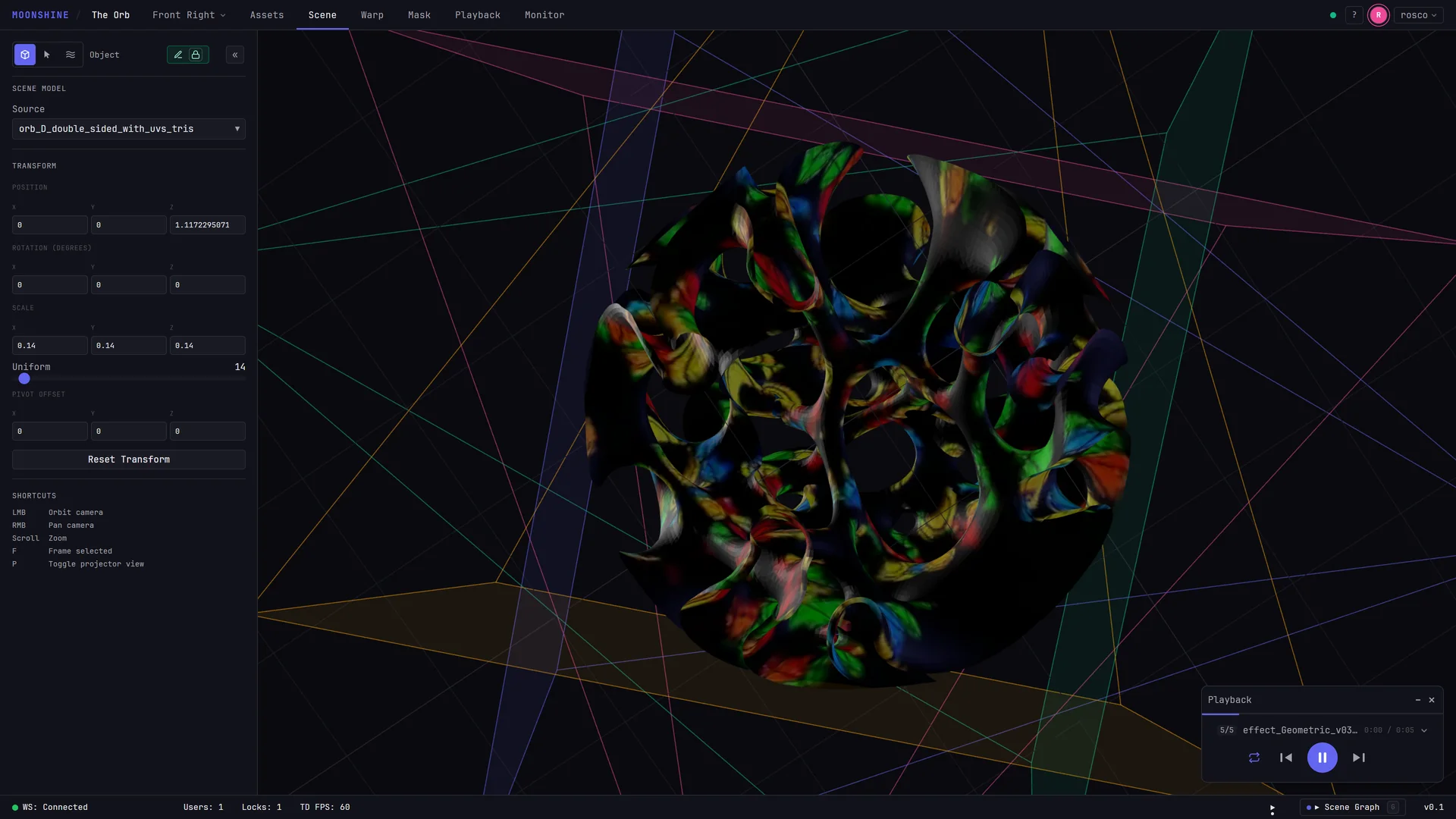 Scene tab with a surface, two projectors with visible throw cones, the mode toolbar top-left, the Properties panel on the left, and the scene graph open at the bottom